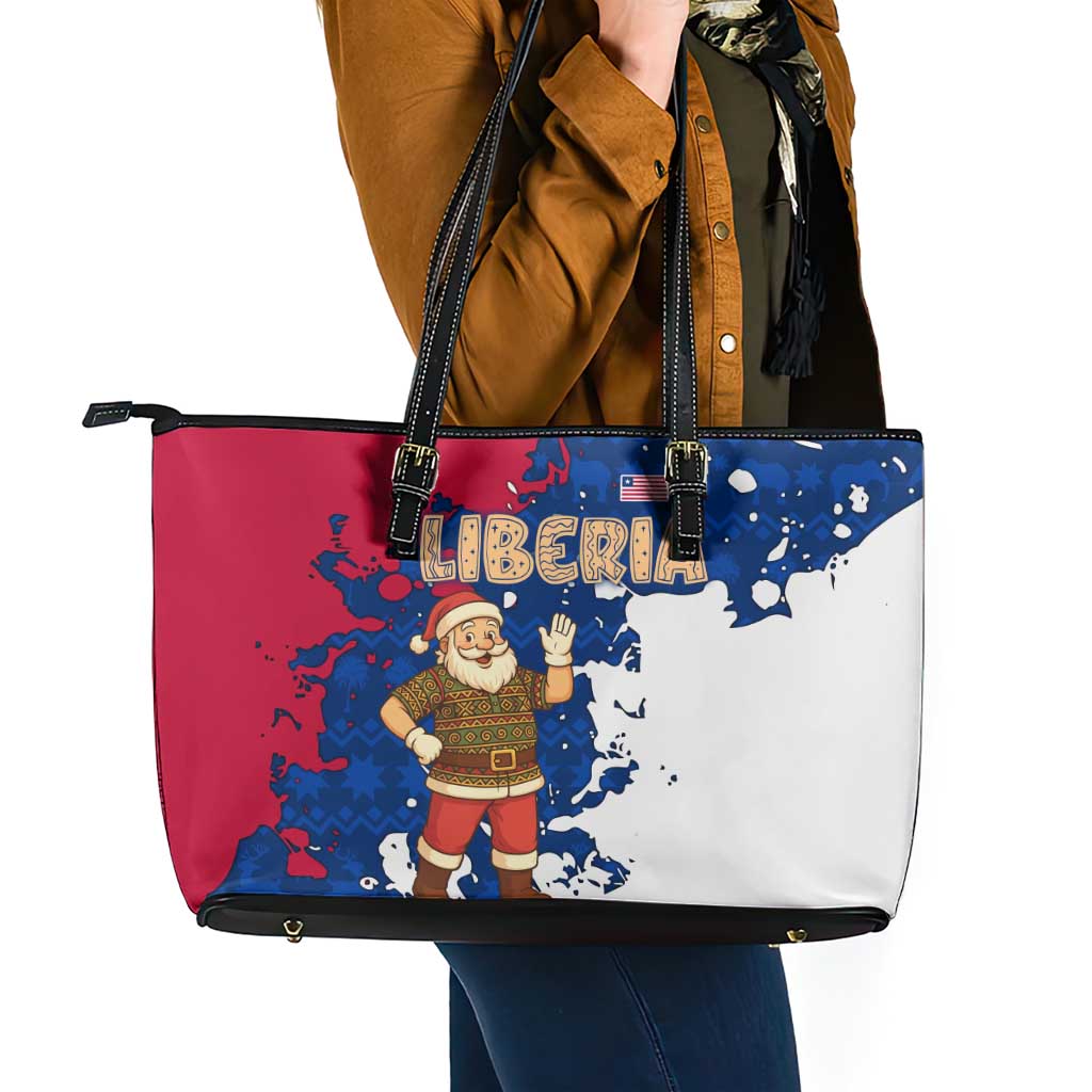 Liberia Christmas Leather Tote Bag with Santa Claus Map Graphic and Red Blue Festive - Wonder Print Shop