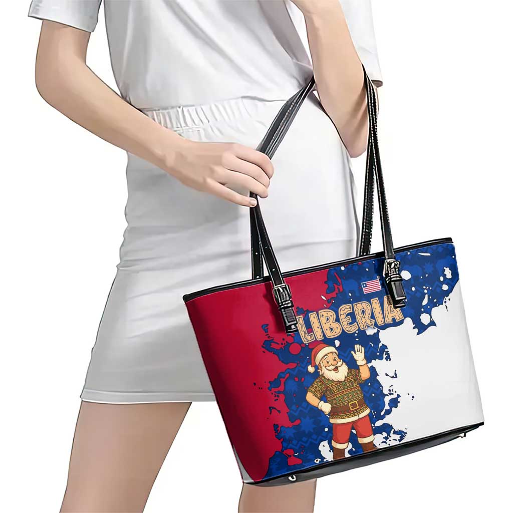 Liberia Christmas Leather Tote Bag with Santa Claus Map Graphic and Red Blue Festive - Wonder Print Shop