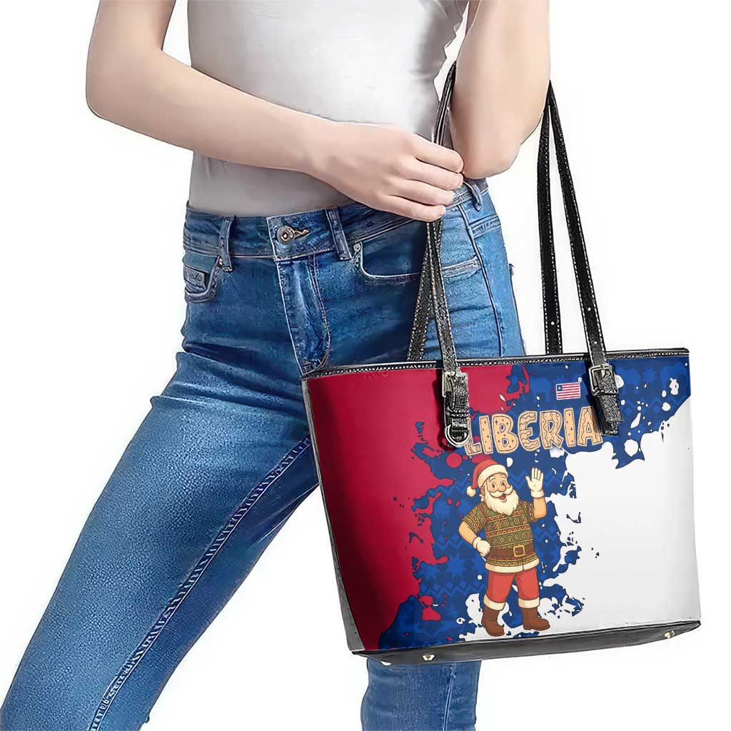 Liberia Christmas Leather Tote Bag with Santa Claus Map Graphic and Red Blue Festive - Wonder Print Shop