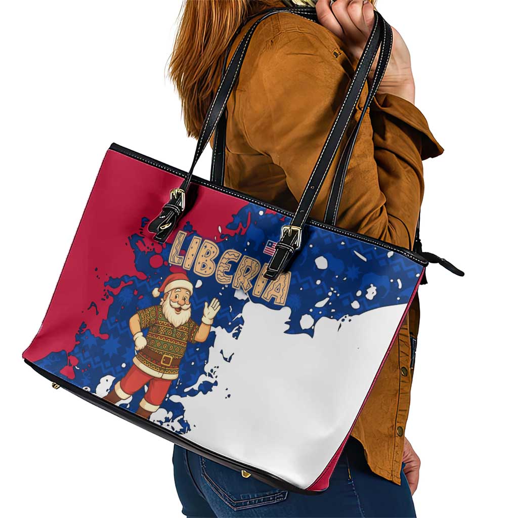 Liberia Christmas Leather Tote Bag with Santa Claus Map Graphic and Red Blue Festive - Wonder Print Shop
