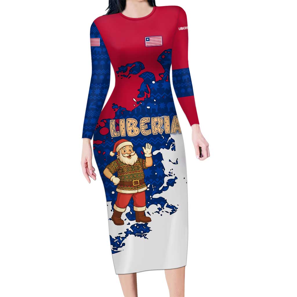 Liberia Christmas Long Sleeve Bodycon Dress with Santa Claus Map Graphic and Red Blue Festive - Wonder Print Shop