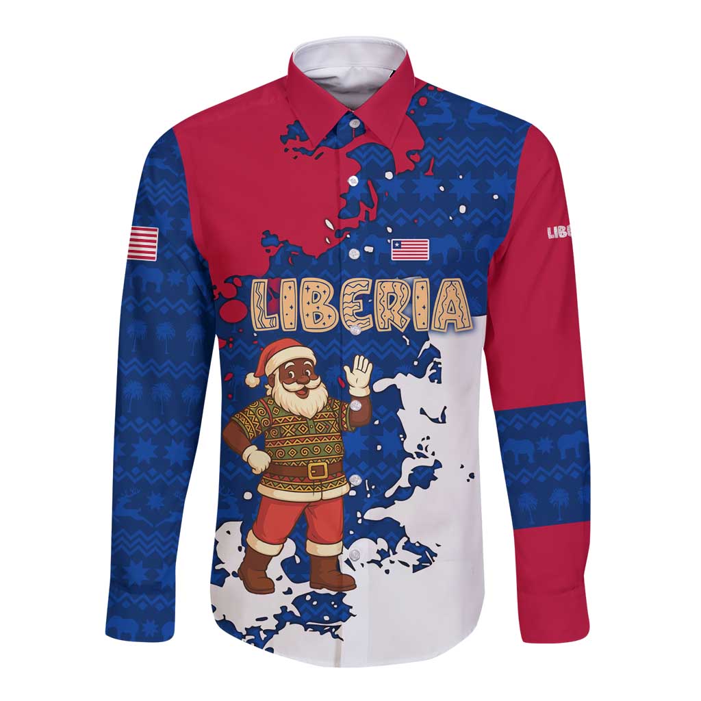 Liberia Christmas Long Sleeve Button Shirt with Santa Claus Map Graphic and Red Blue Festive - Wonder Print Shop