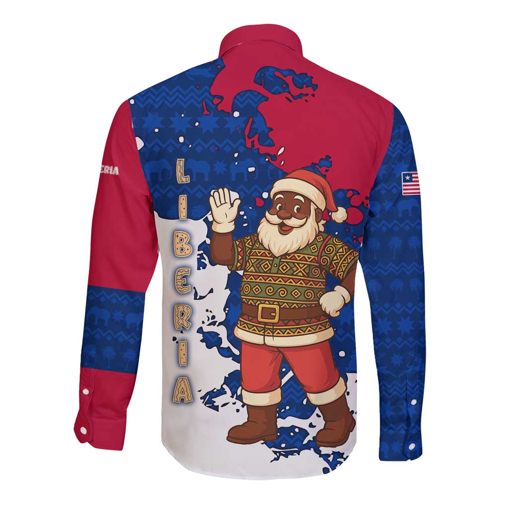 Liberia Christmas Long Sleeve Button Shirt with Santa Claus Map Graphic and Red Blue Festive - Wonder Print Shop