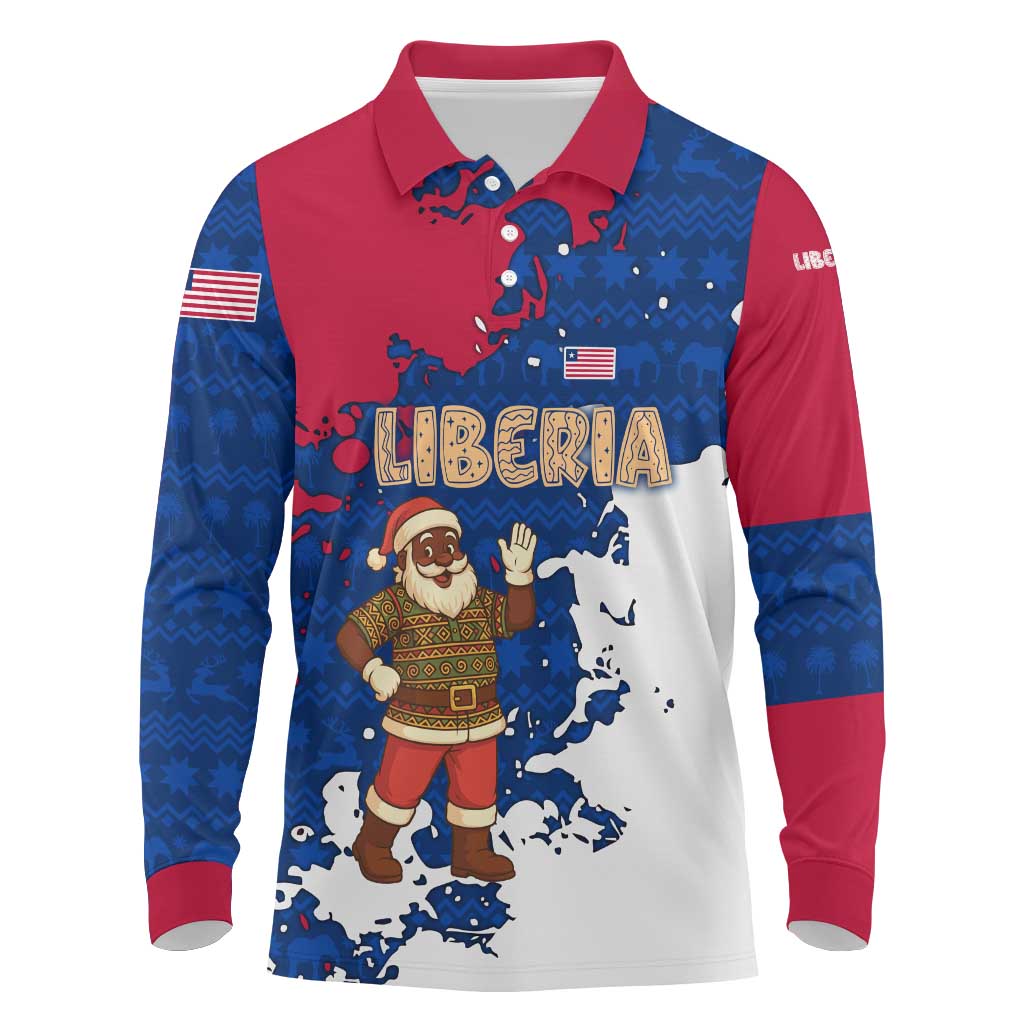 Liberia Christmas Long Sleeve Polo Shirt with Santa Claus Map Graphic and Red Blue Festive - Wonder Print Shop