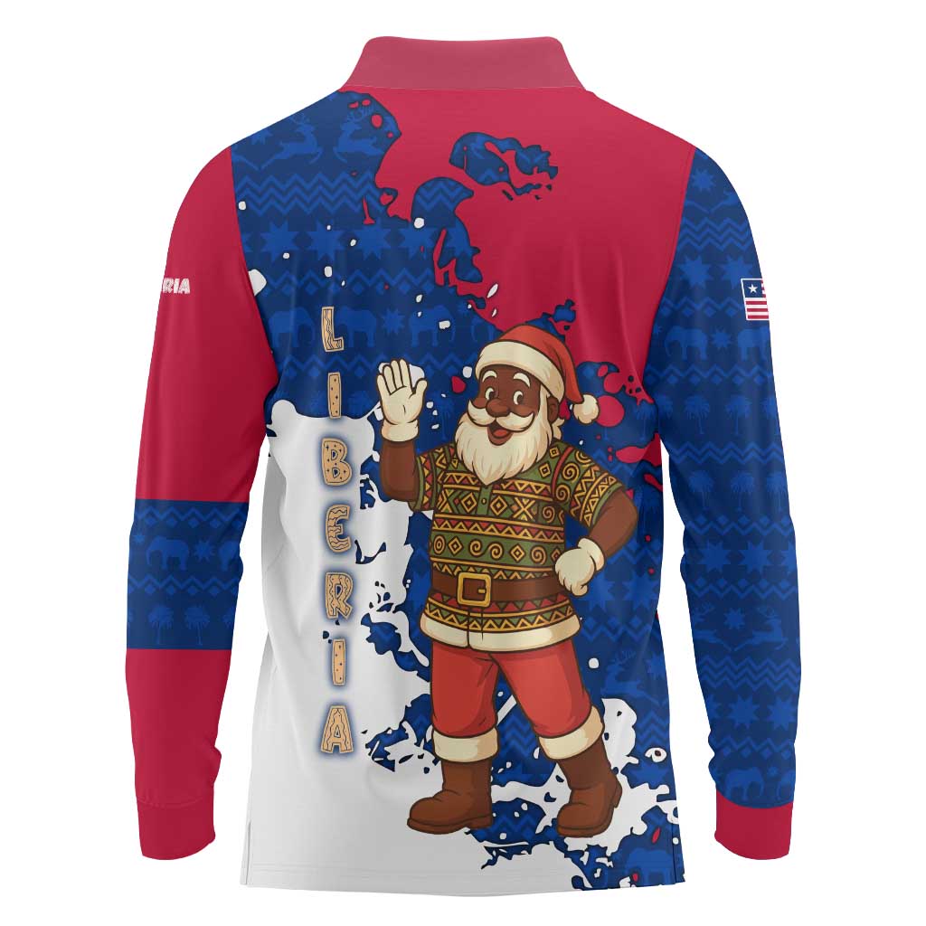 Liberia Christmas Long Sleeve Polo Shirt with Santa Claus Map Graphic and Red Blue Festive - Wonder Print Shop