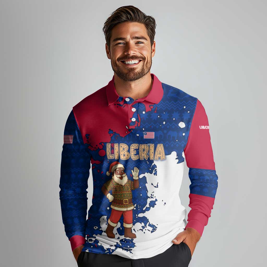 Liberia Christmas Long Sleeve Polo Shirt with Santa Claus Map Graphic and Red Blue Festive - Wonder Print Shop