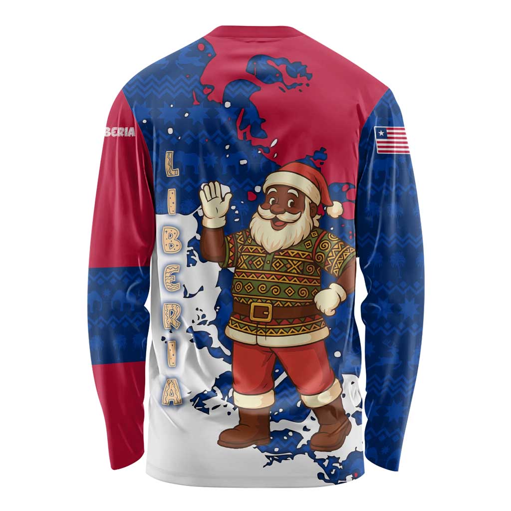 Liberia Christmas Long Sleeve Shirt with Santa Claus Map Graphic and Red Blue Festive - Wonder Print Shop