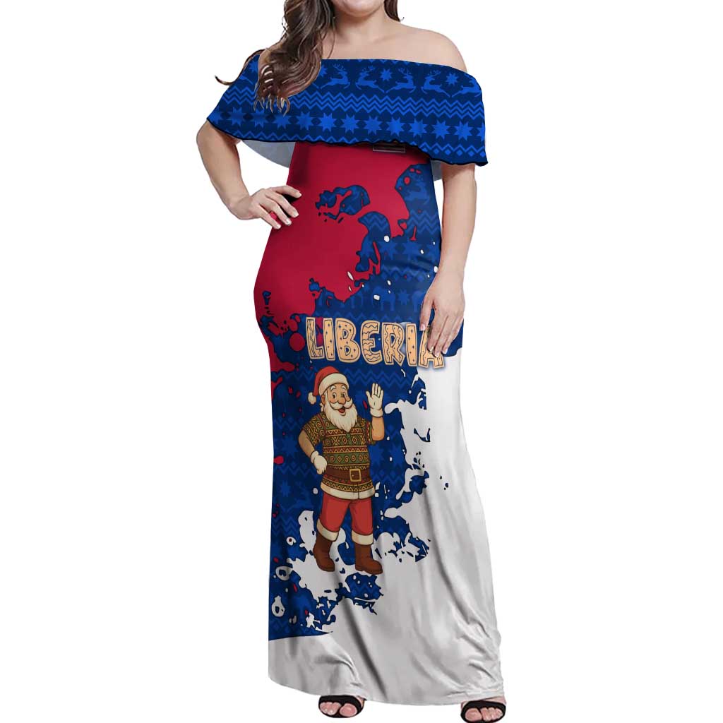 Liberia Christmas Off Shoulder Maxi Dress with Santa Claus Map Graphic and Red Blue Festive - Wonder Print Shop