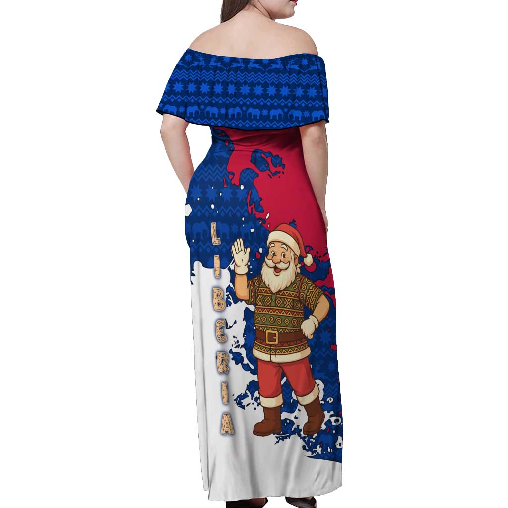 Liberia Christmas Off Shoulder Maxi Dress with Santa Claus Map Graphic and Red Blue Festive - Wonder Print Shop