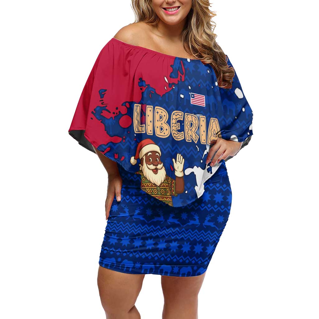 Liberia Christmas Off Shoulder Short Dress with Santa Claus Map Graphic and Red Blue Festive - Wonder Print Shop