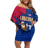 Liberia Christmas Off Shoulder Short Dress with Santa Claus Map Graphic and Red Blue Festive - Wonder Print Shop
