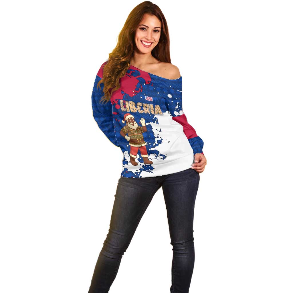 Liberia Christmas Off Shoulder Sweater with Santa Claus Map Graphic and Red Blue Festive - Wonder Print Shop