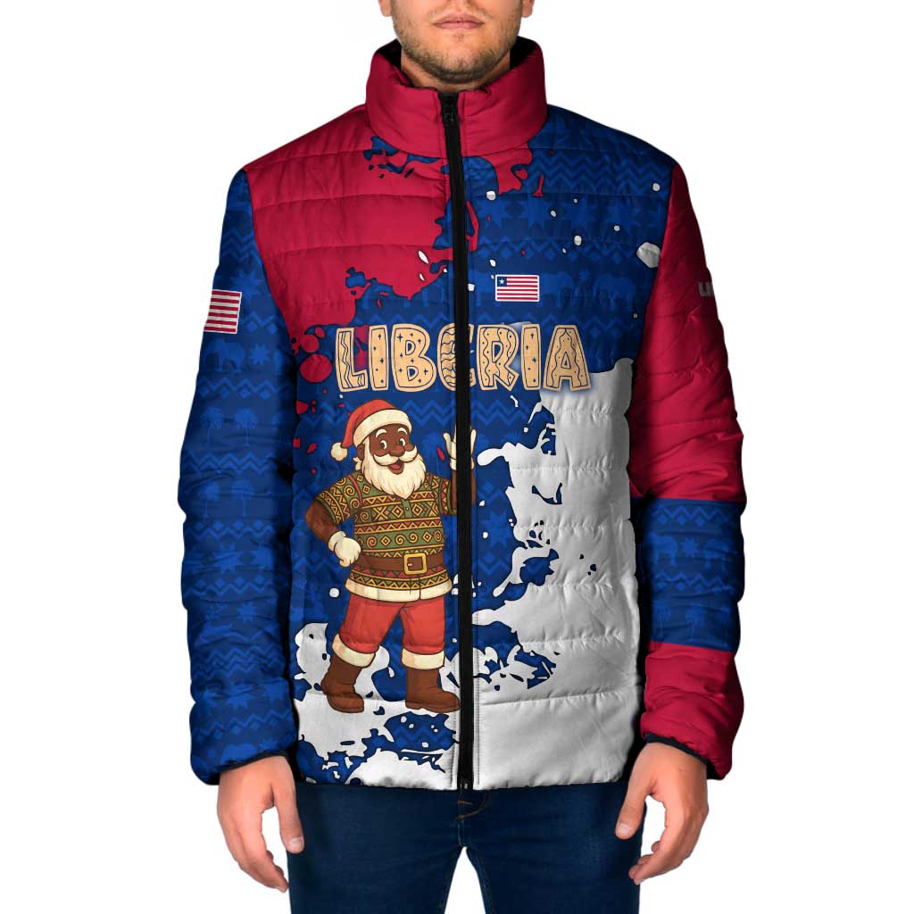 Liberia Christmas Padded Jacket with Santa Claus Map Graphic and Red Blue Festive - Wonder Print Shop