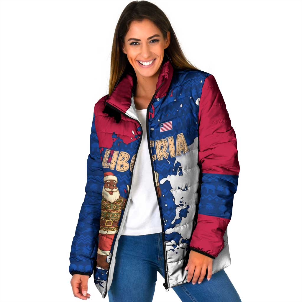 Liberia Christmas Padded Jacket with Santa Claus Map Graphic and Red Blue Festive - Wonder Print Shop