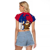Liberia Christmas Raglan Cropped T Shirt with Santa Claus Map Graphic and Red Blue Festive - Wonder Print Shop