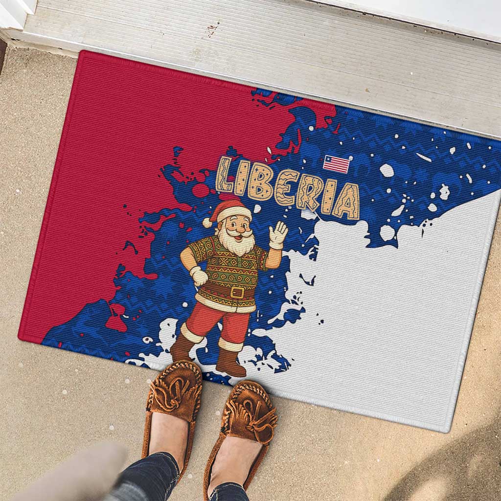 Liberia Christmas Rubber Doormat with Santa Claus Map Graphic and Red Blue Festive - Wonder Print Shop