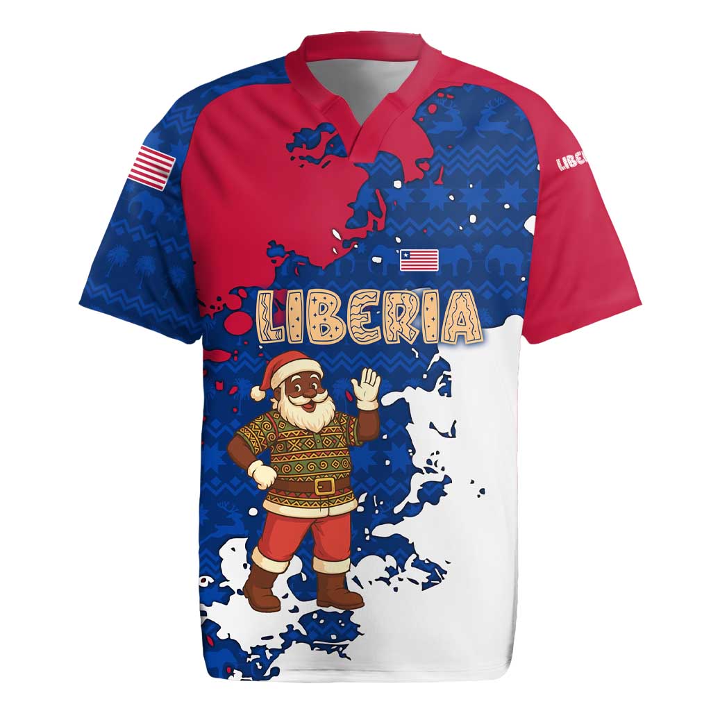 Liberia Christmas Rugby Jersey with Santa Claus Map Graphic and Red Blue Festive - Wonder Print Shop