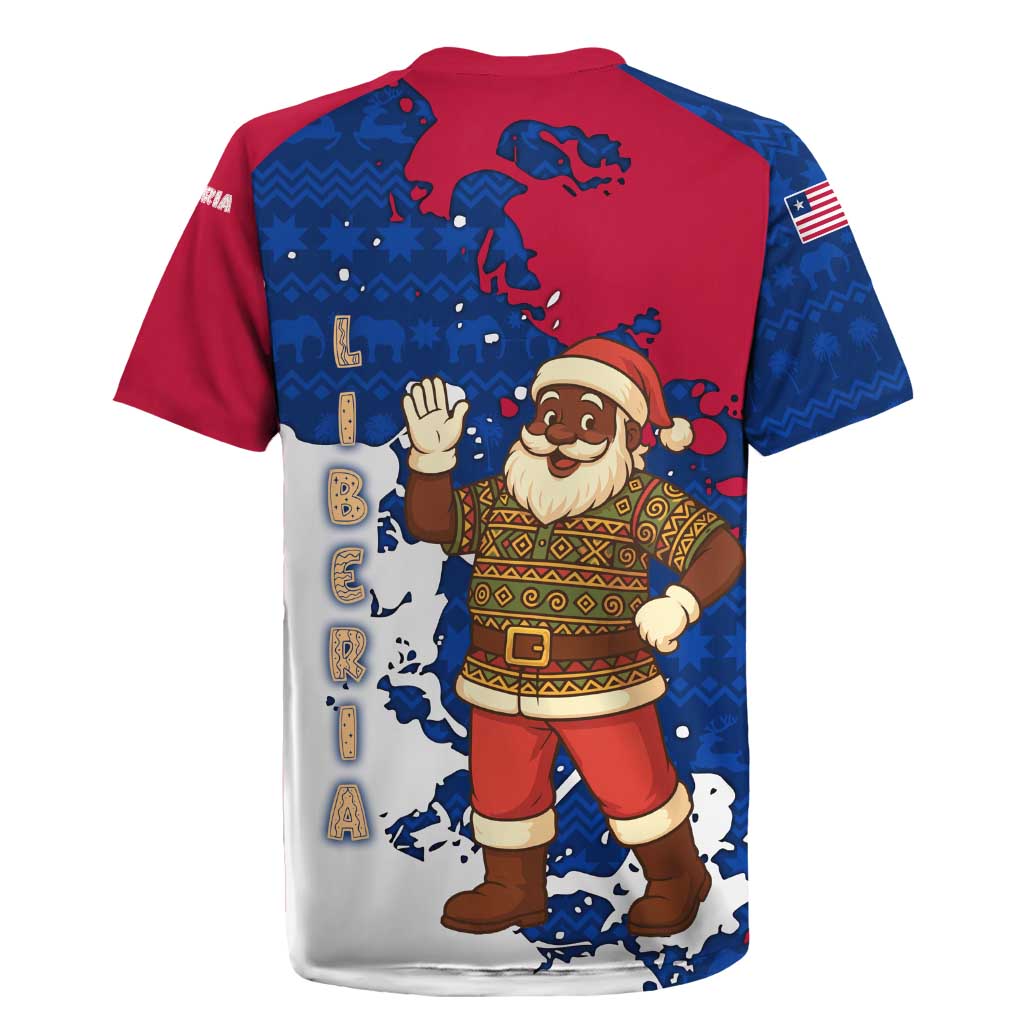 Liberia Christmas Rugby Jersey with Santa Claus Map Graphic and Red Blue Festive - Wonder Print Shop