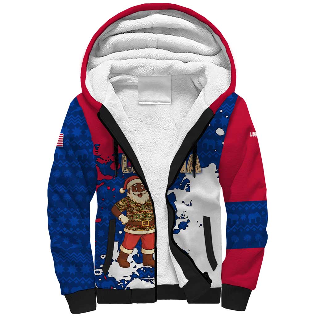 Liberia Christmas Sherpa Hoodie with Santa Claus Map Graphic and Red Blue Festive - Wonder Print Shop