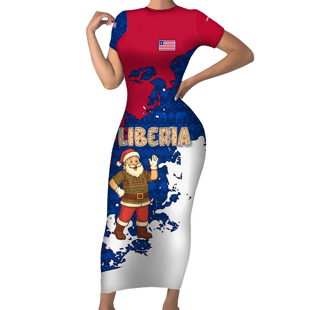 Liberia Christmas Short Sleeve Bodycon Dress with Santa Claus Map Graphic and Red Blue Festive - Wonder Print Shop
