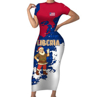 Liberia Christmas Short Sleeve Bodycon Dress with Santa Claus Map Graphic and Red Blue Festive - Wonder Print Shop
