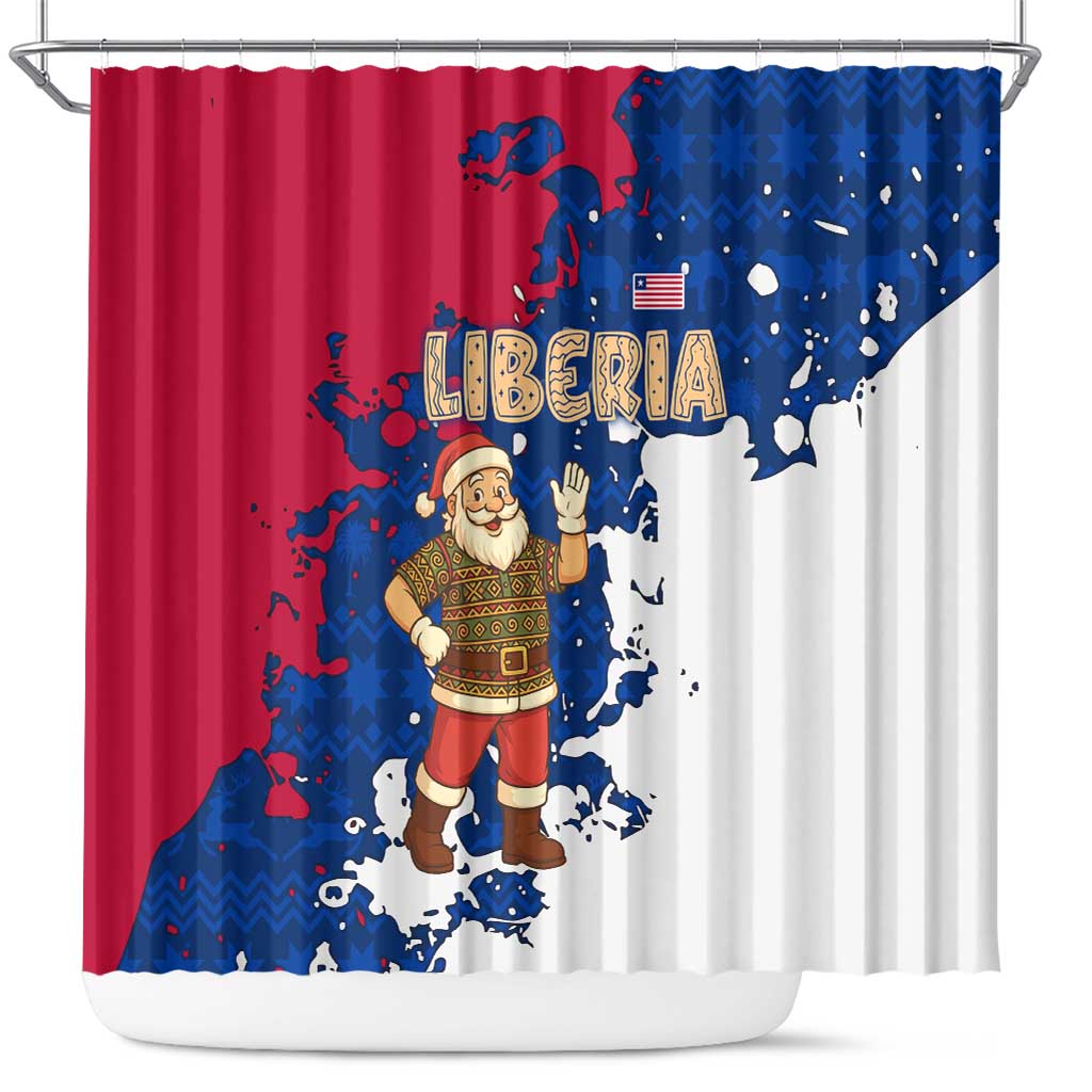 Liberia Christmas Shower Curtain with Santa Claus Map Graphic and Red Blue Festive - Wonder Print Shop