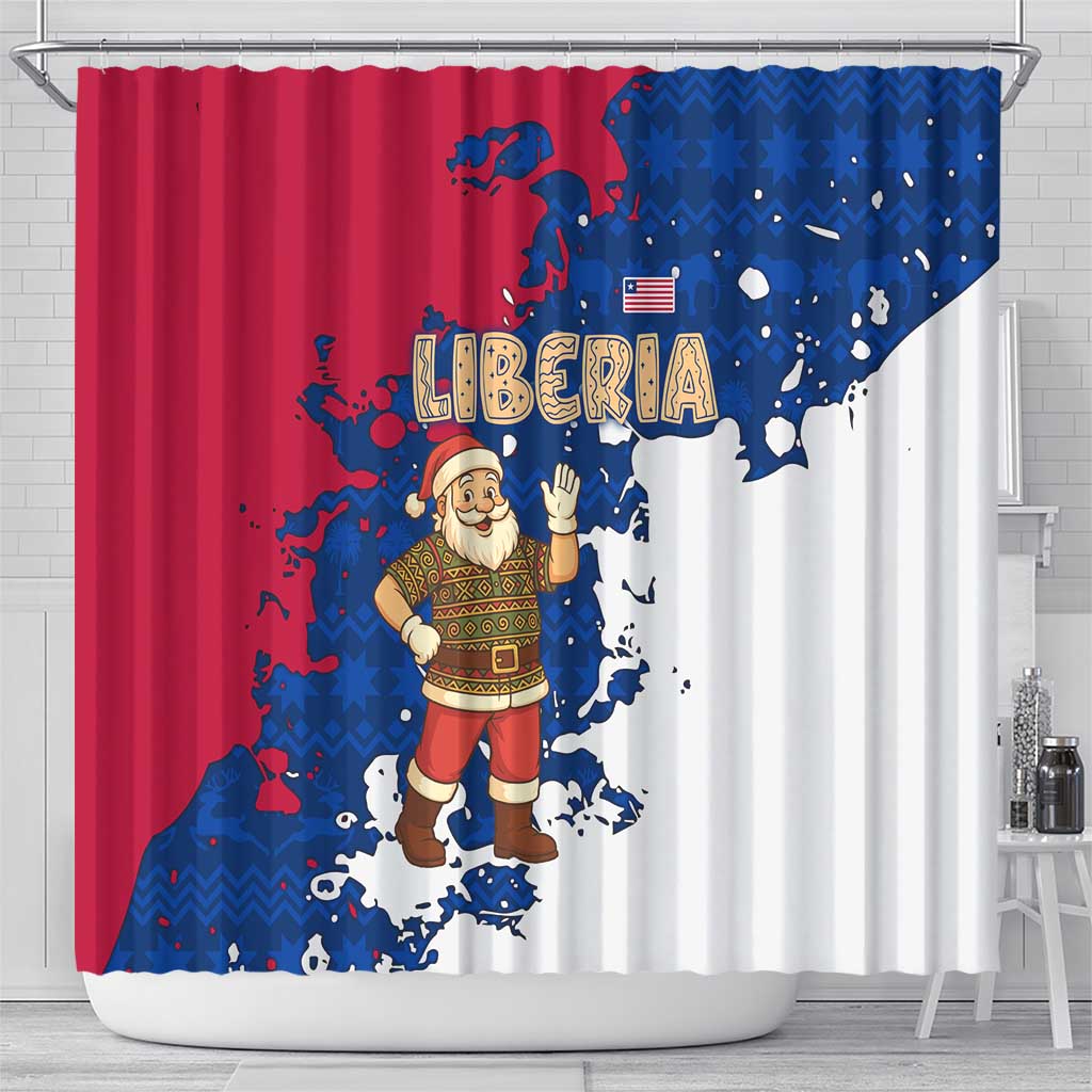 Liberia Christmas Shower Curtain with Santa Claus Map Graphic and Red Blue Festive - Wonder Print Shop
