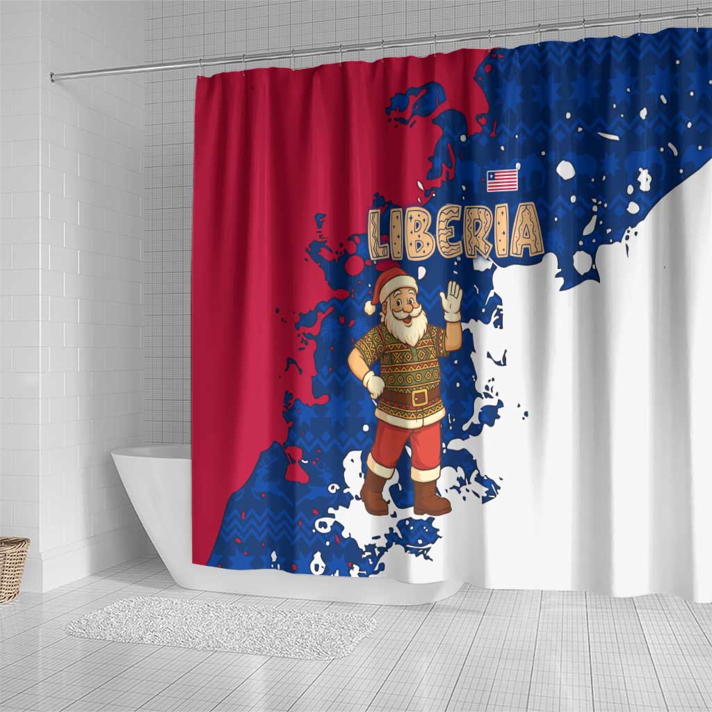 Liberia Christmas Shower Curtain with Santa Claus Map Graphic and Red Blue Festive - Wonder Print Shop