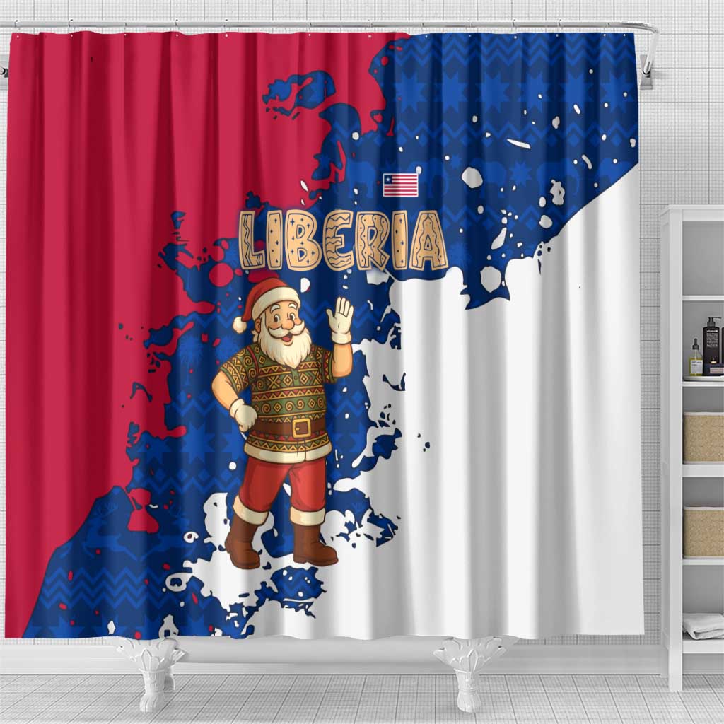 Liberia Christmas Shower Curtain with Santa Claus Map Graphic and Red Blue Festive - Wonder Print Shop