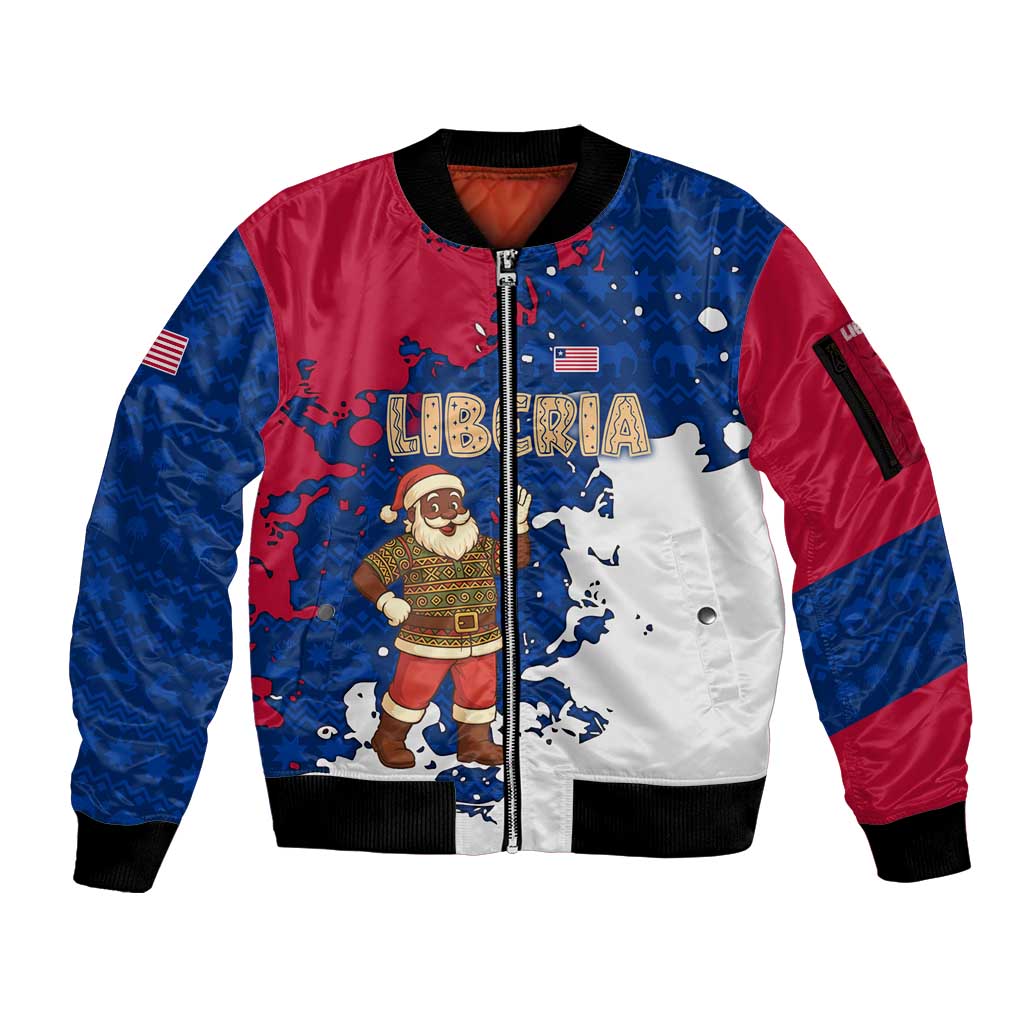 Liberia Christmas Sleeve Zip Bomber Jacket with Santa Claus Map Graphic and Red Blue Festive - Wonder Print Shop