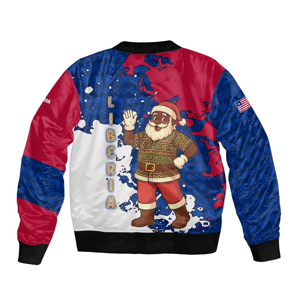 Liberia Christmas Sleeve Zip Bomber Jacket with Santa Claus Map Graphic and Red Blue Festive - Wonder Print Shop