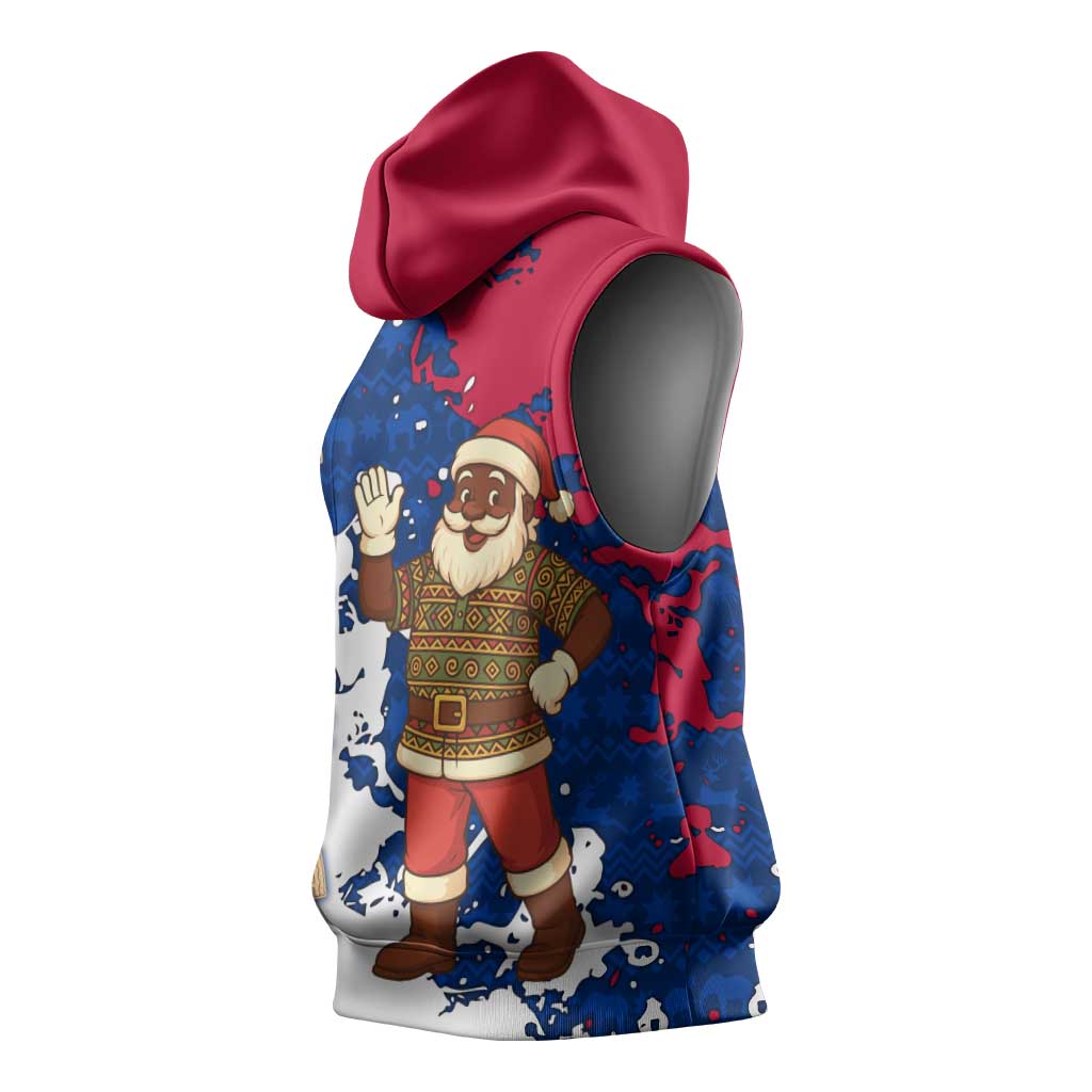 Liberia Christmas Sleeveless Hoodie with Santa Claus Map Graphic and Red Blue Festive - Wonder Print Shop