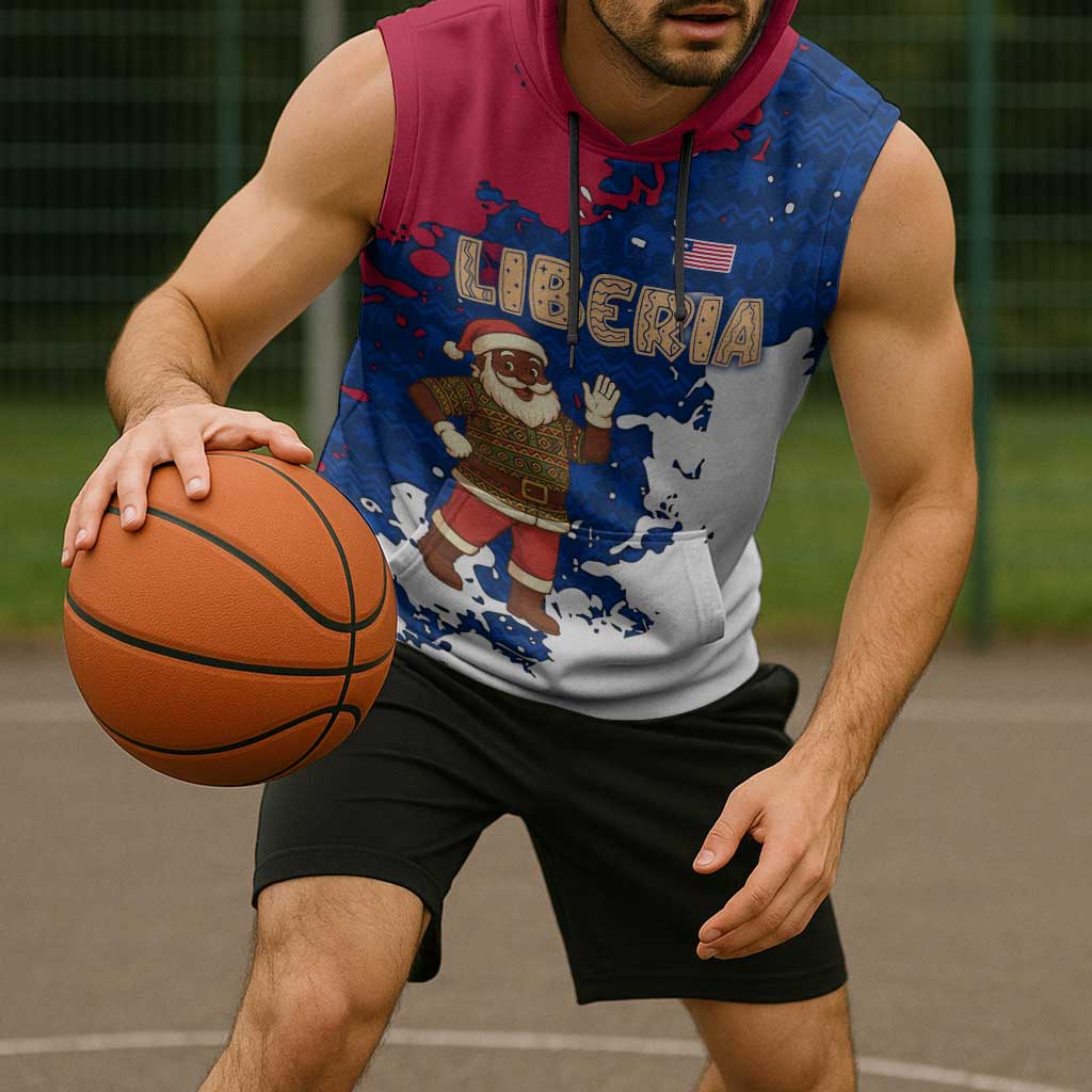 Liberia Christmas Sleeveless Hoodie with Santa Claus Map Graphic and Red Blue Festive - Wonder Print Shop