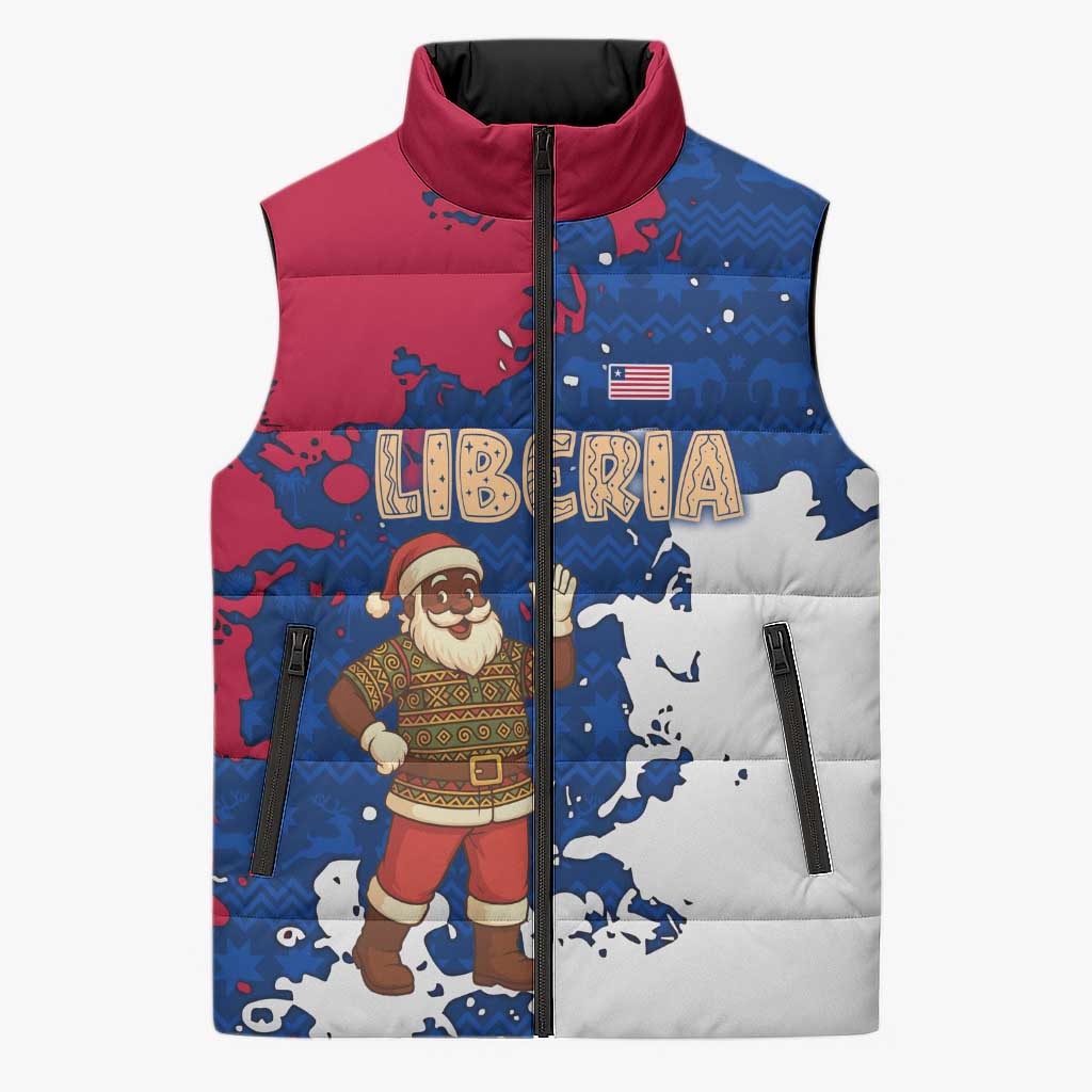 Liberia Christmas Sleeveless Puffer Jacket with Santa Claus Map Graphic and Red Blue Festive - Wonder Print Shop