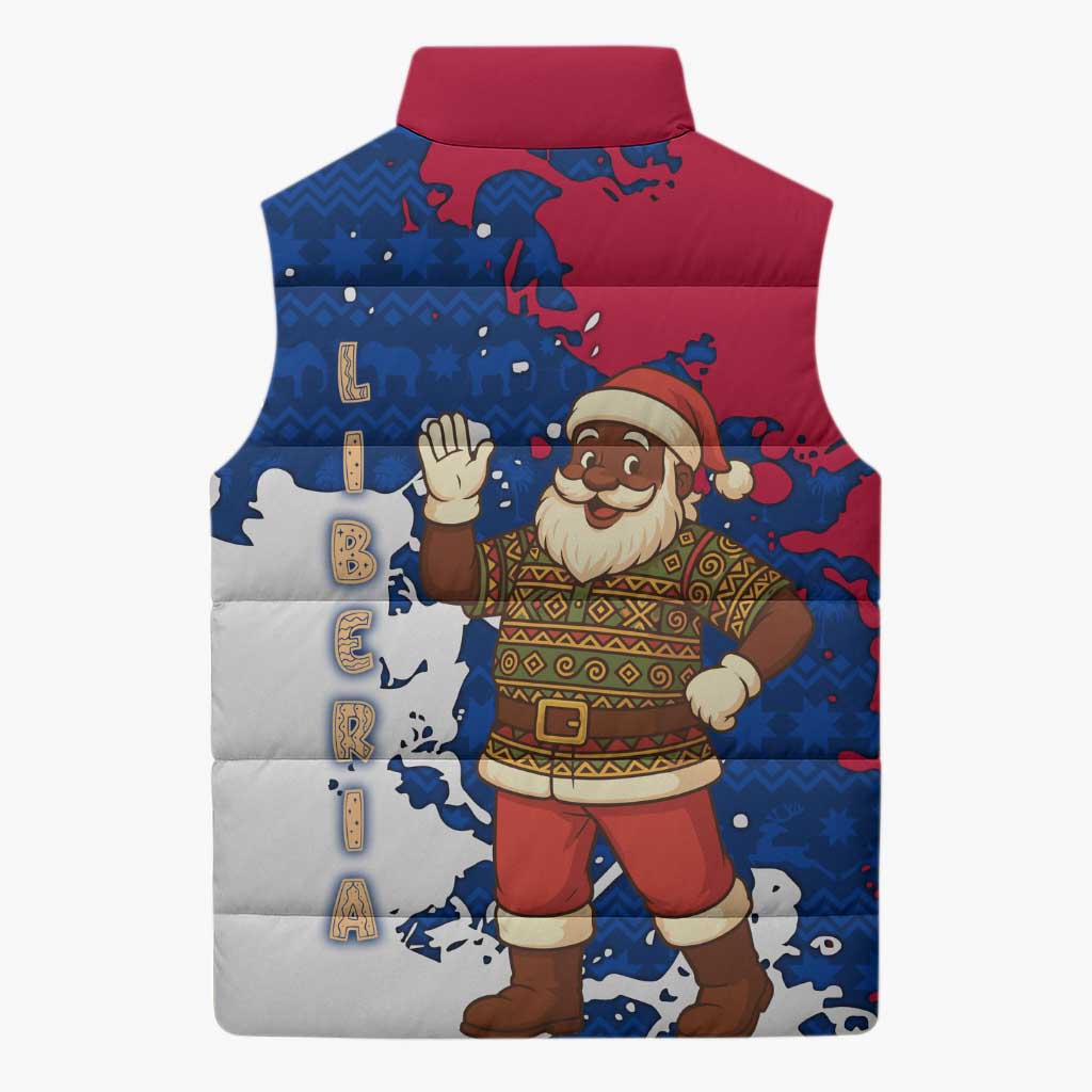 Liberia Christmas Sleeveless Puffer Jacket with Santa Claus Map Graphic and Red Blue Festive - Wonder Print Shop