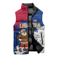 Liberia Christmas Sleeveless Puffer Jacket with Santa Claus Map Graphic and Red Blue Festive - Wonder Print Shop