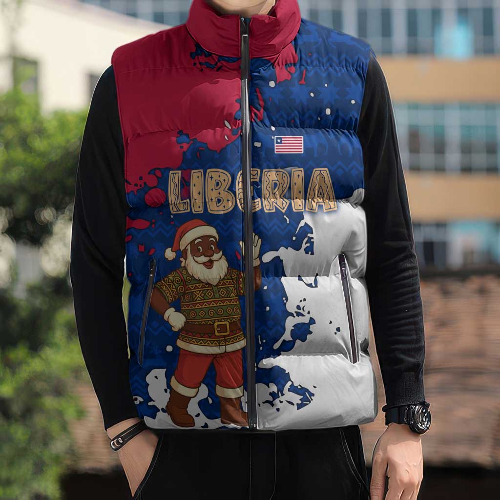 Liberia Christmas Sleeveless Puffer Jacket with Santa Claus Map Graphic and Red Blue Festive - Wonder Print Shop
