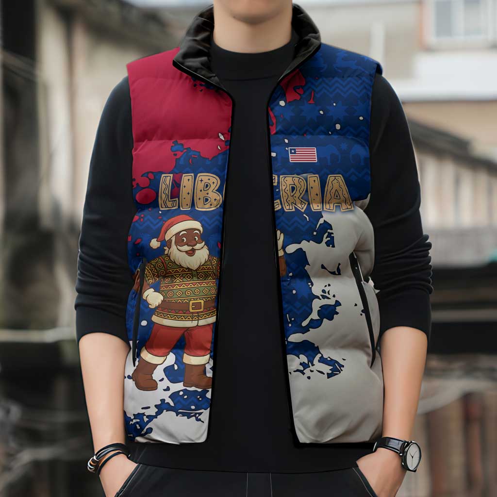 Liberia Christmas Sleeveless Puffer Jacket with Santa Claus Map Graphic and Red Blue Festive - Wonder Print Shop