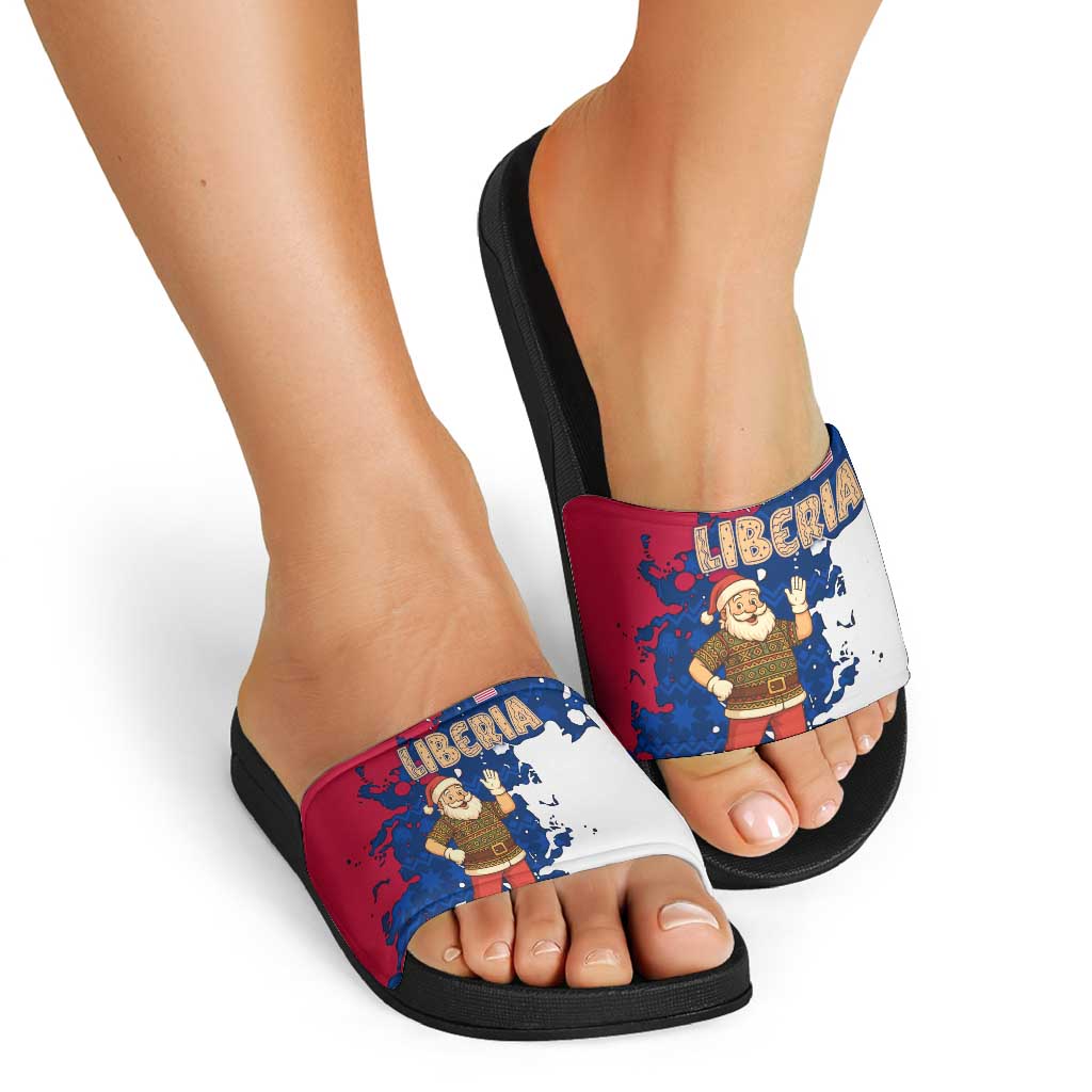 Liberia Christmas Slide Sandals with Santa Claus Map Graphic and Red Blue Festive - Wonder Print Shop