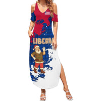 Liberia Christmas Summer Maxi Dress with Santa Claus Map Graphic and Red Blue Festive - Wonder Print Shop