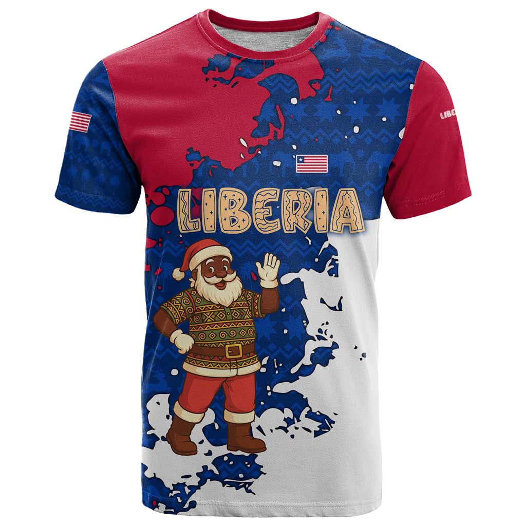 Liberia Christmas T Shirt with Santa Claus Map Graphic and Red Blue Festive - Wonder Print Shop