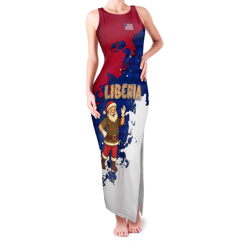 Liberia Christmas Tank Maxi Dress with Santa Claus Map Graphic and Red Blue Festive - Wonder Print Shop