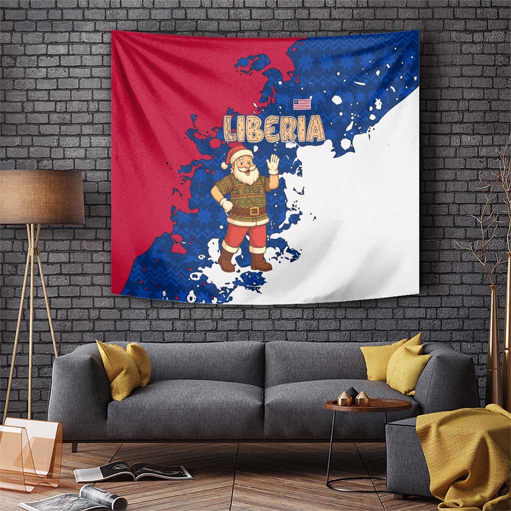 Liberia Christmas Tapestry with Santa Claus Map Graphic and Red Blue Festive - Wonder Print Shop