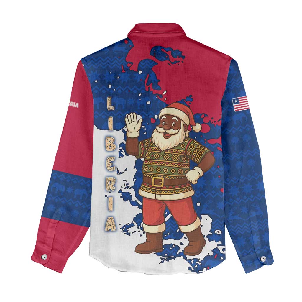 Liberia Christmas Women Casual Shirt with Santa Claus Map Graphic and Red Blue Festive - Wonder Print Shop