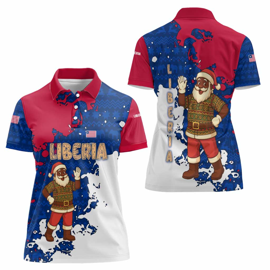Liberia Christmas Women Polo Shirt with Santa Claus Map Graphic and Red Blue Festive - Wonder Print Shop