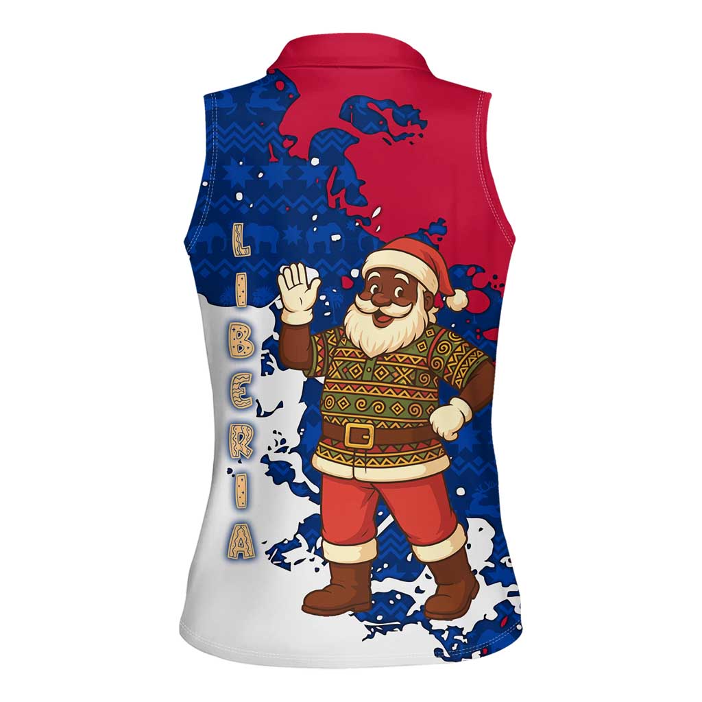 Liberia Christmas Women Sleeveless Polo Shirt with Santa Claus Map Graphic and Red Blue Festive - Wonder Print Shop