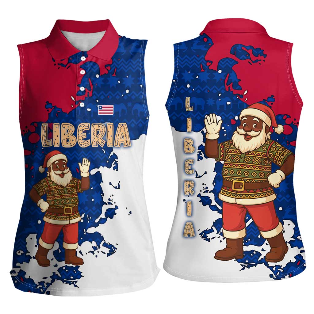 Liberia Christmas Women Sleeveless Polo Shirt with Santa Claus Map Graphic and Red Blue Festive - Wonder Print Shop