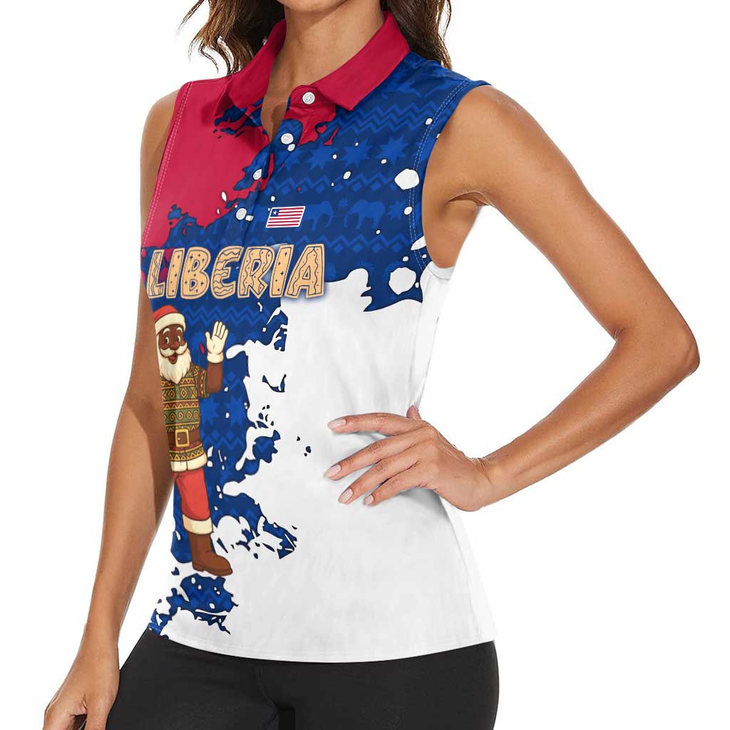 Liberia Christmas Women Sleeveless Polo Shirt with Santa Claus Map Graphic and Red Blue Festive - Wonder Print Shop