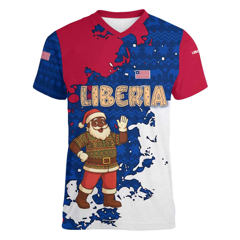 Liberia Christmas Women V-Neck T-Shirt with Santa Claus Map Graphic and Red Blue Festive - Wonder Print Shop
