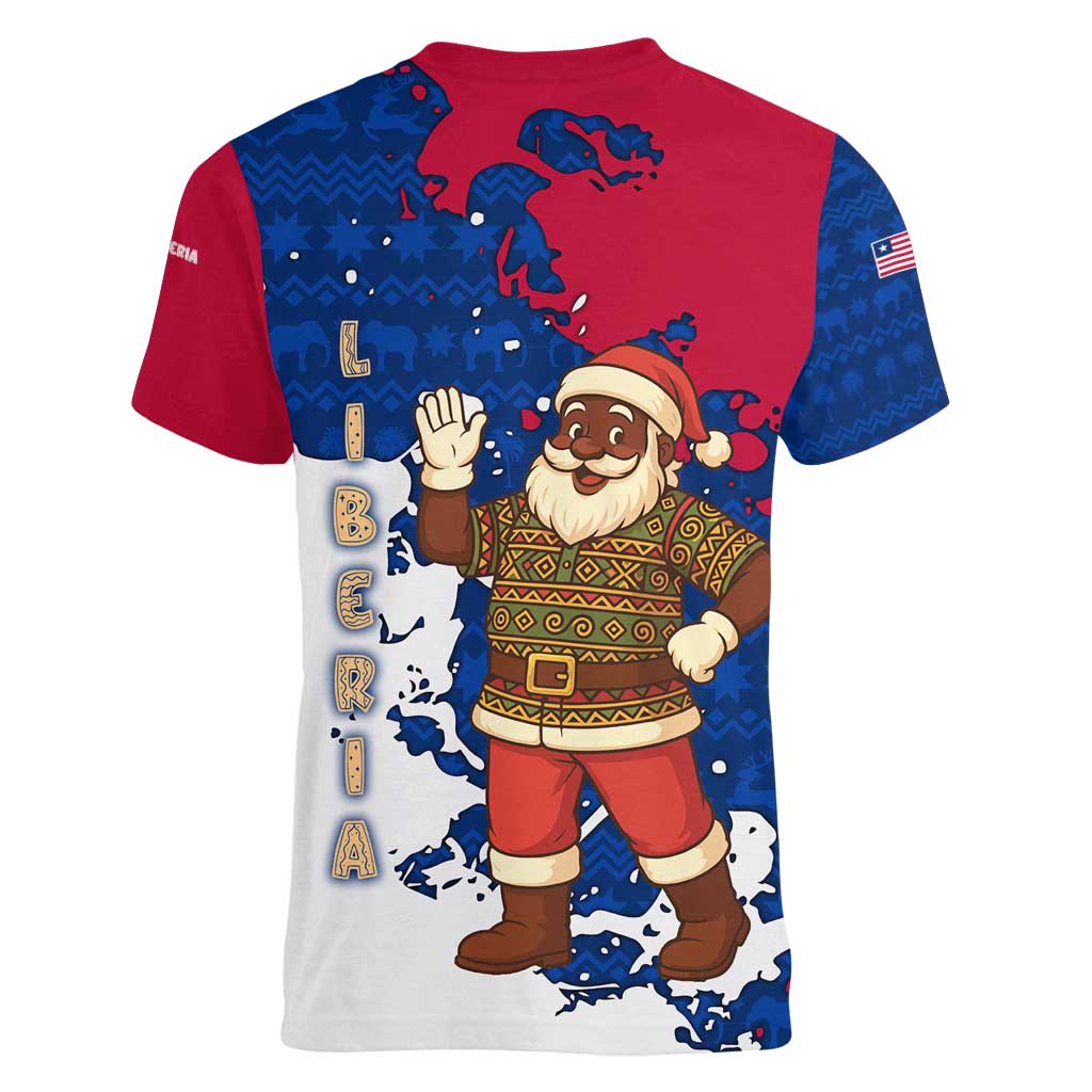 Liberia Christmas Women V-Neck T-Shirt with Santa Claus Map Graphic and Red Blue Festive - Wonder Print Shop